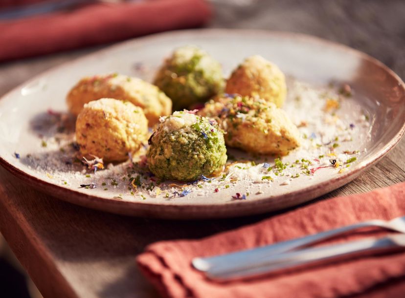 Tris of dumplings, a typical South Tyrolean dish